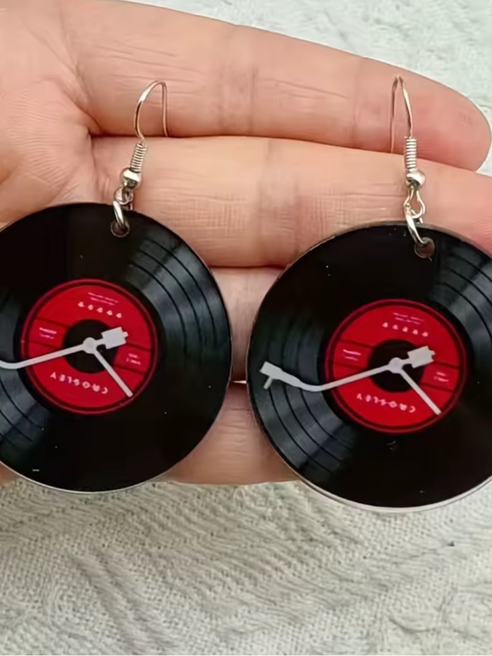 Black & Red faux Vinyl Record Dangle Earrings - Retro Music Design